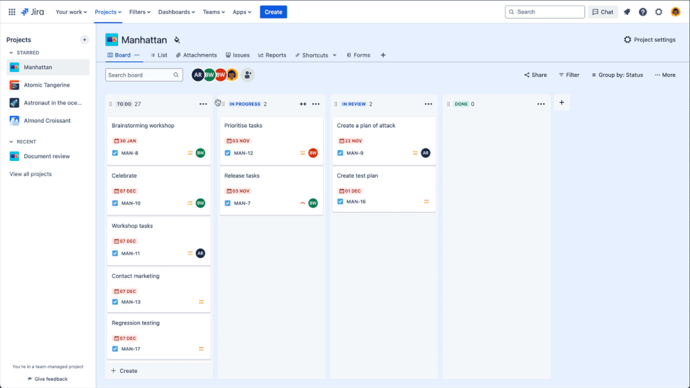 After: clean horizontal tab navigation showing Board, List, Calendar, Timeline as peer-level views