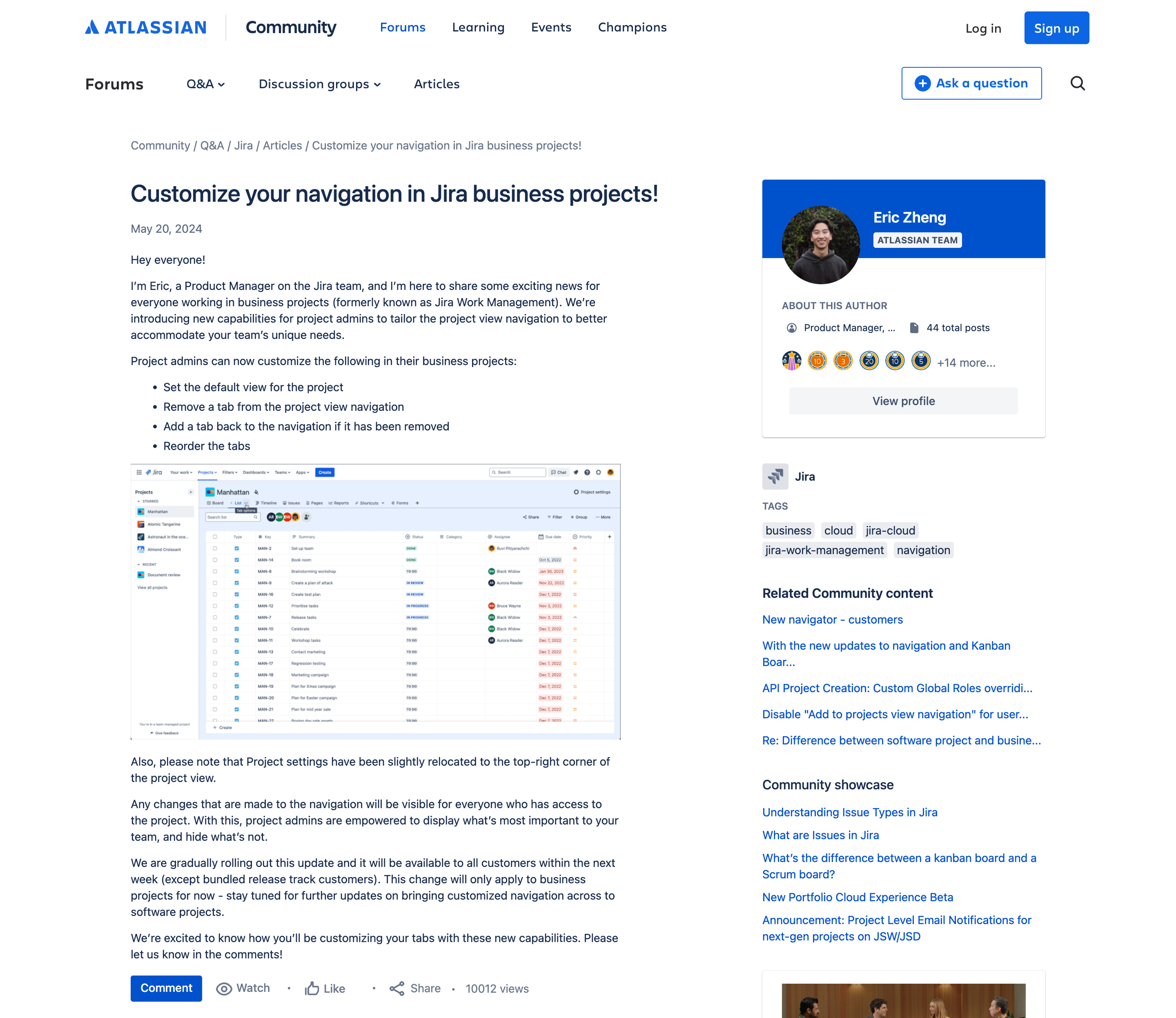 Atlassian Community article: Customize your navigation in Jira business projects, showing 10,012 views