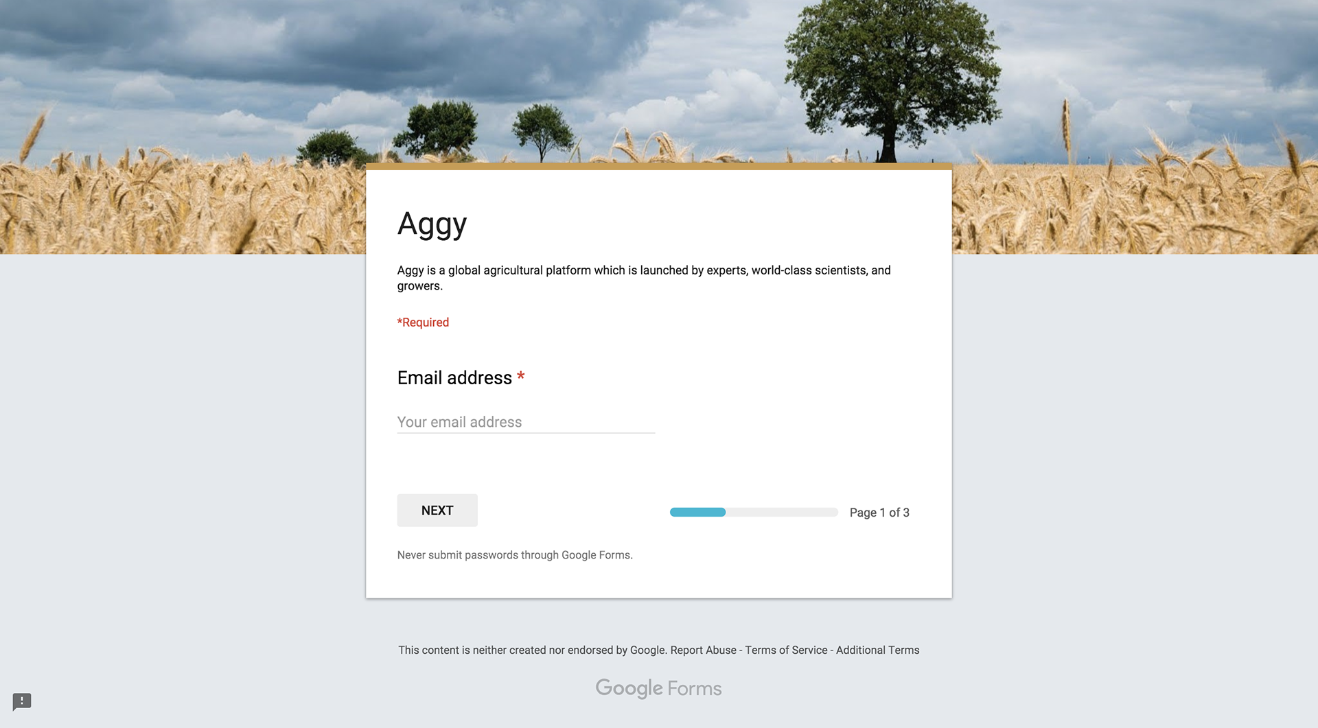 Aggy sign-up form on Google Forms