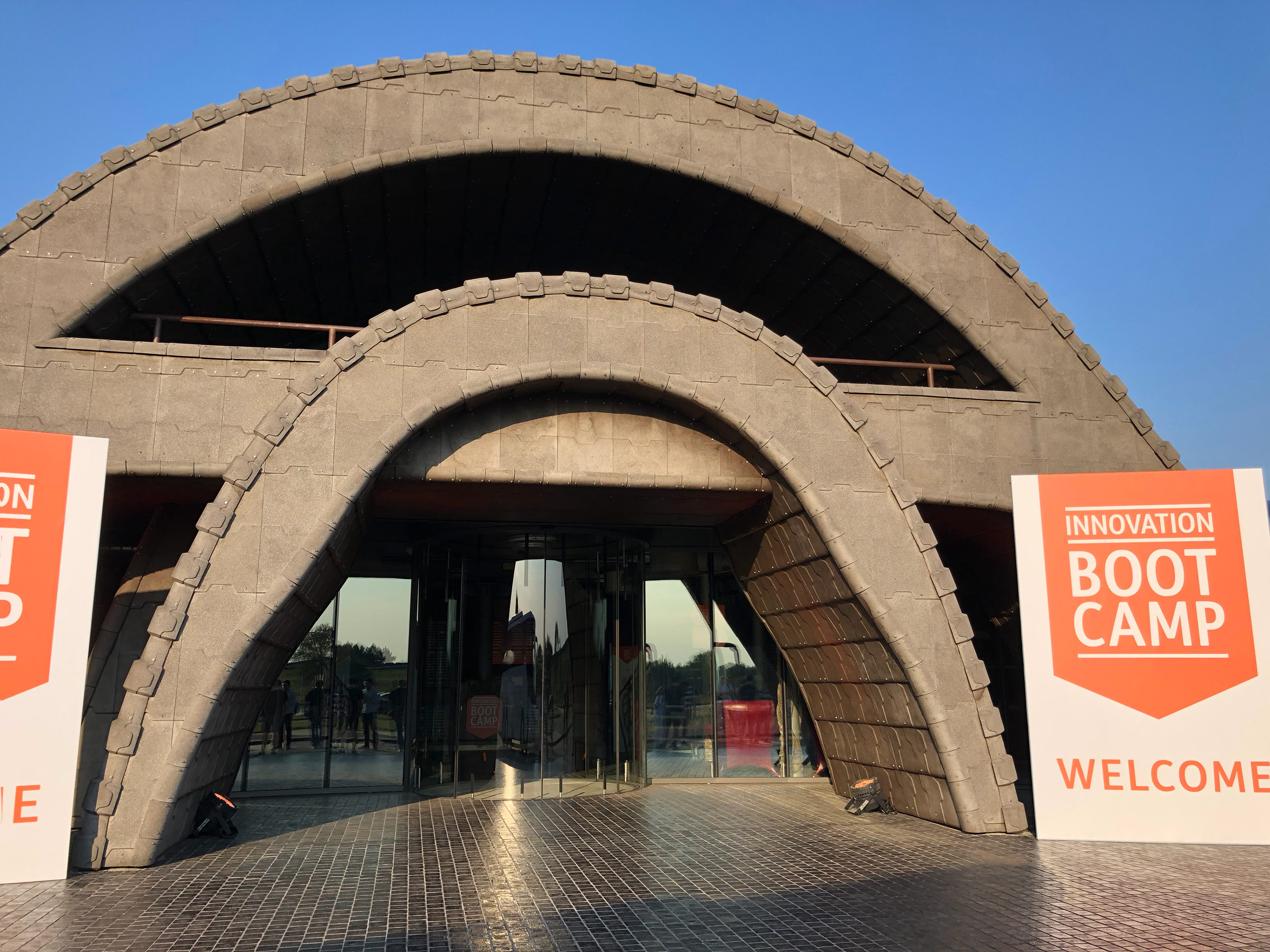 Krakow venue exterior with bootcamp welcome signage