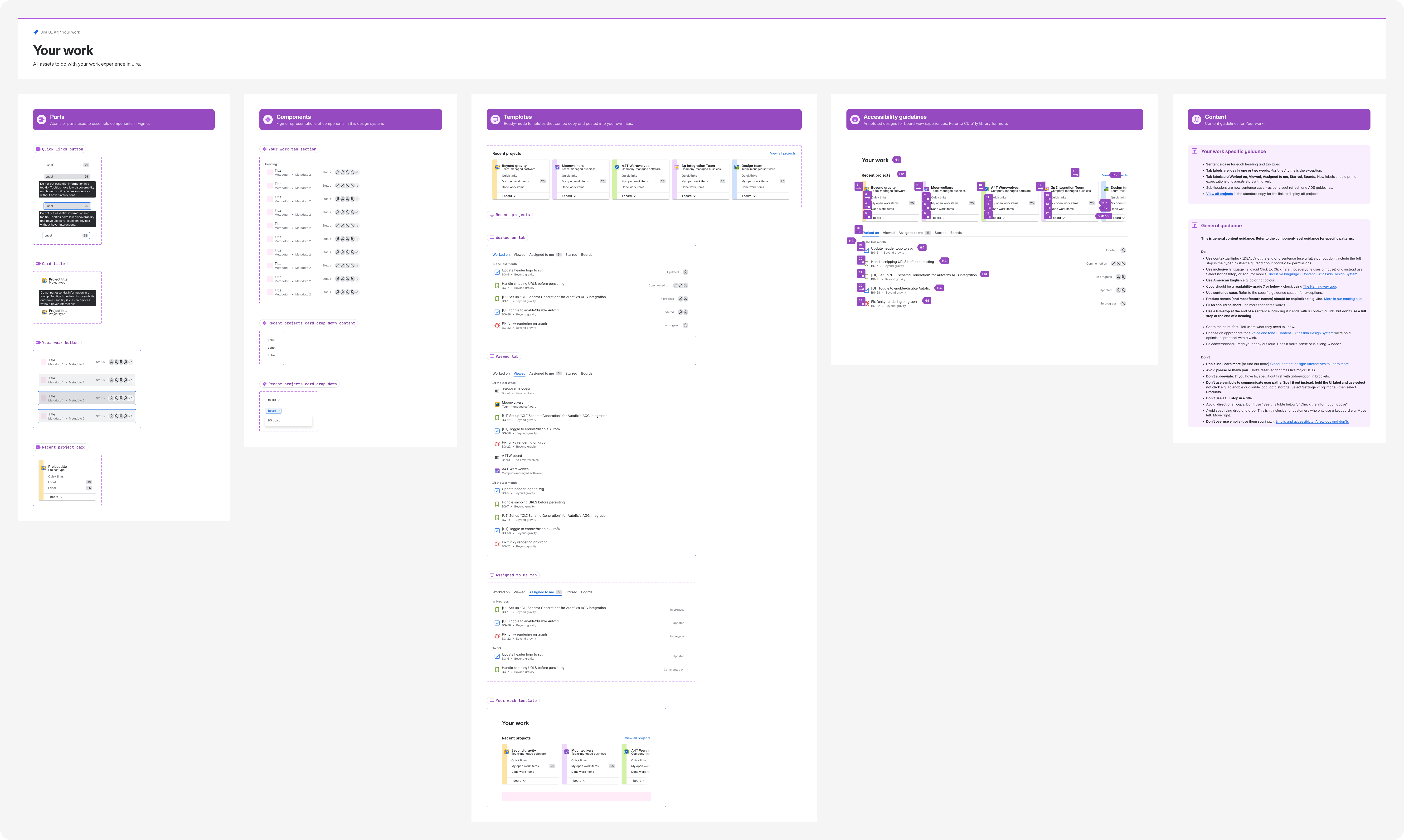 Example of the Jira UI Kit in use showing components and patterns organized in a library