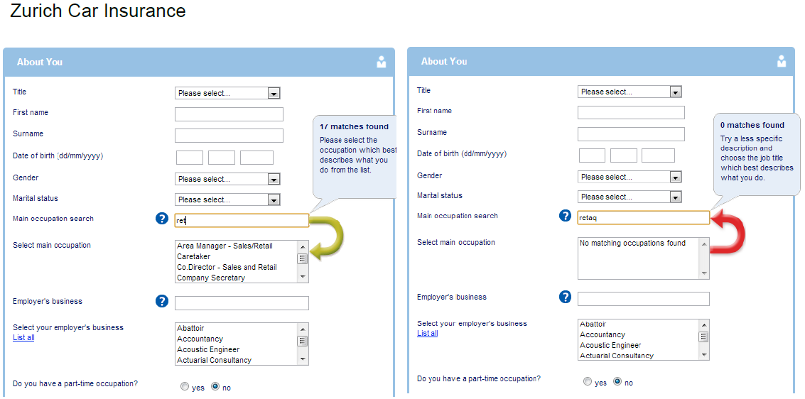 Zurich Car Insurance occupation search — two states showing matched and unmatched results