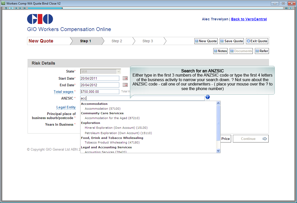 GIO Workers Compensation Online — ANZSIC search interface