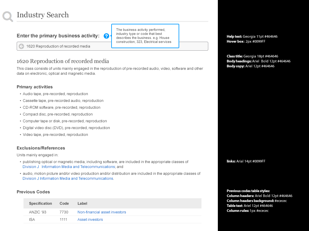 Industry Search interface showing ANZSIC lookup with search results and class descriptions