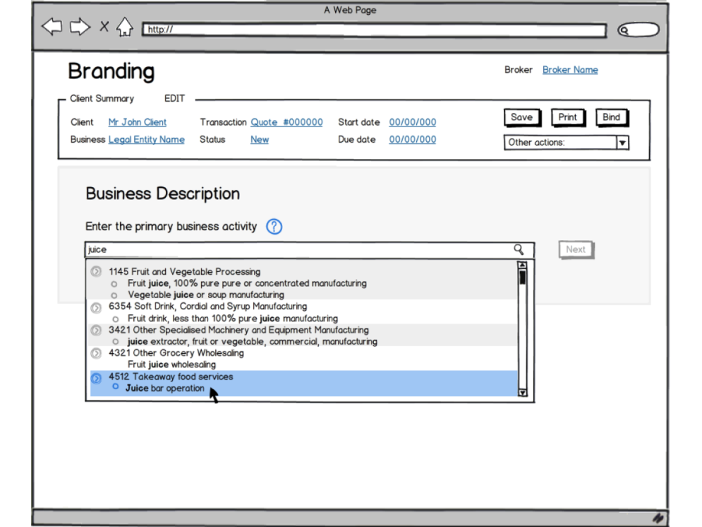 Balsamiq wireframes for the Occupation Lookup tool showing search flow and results