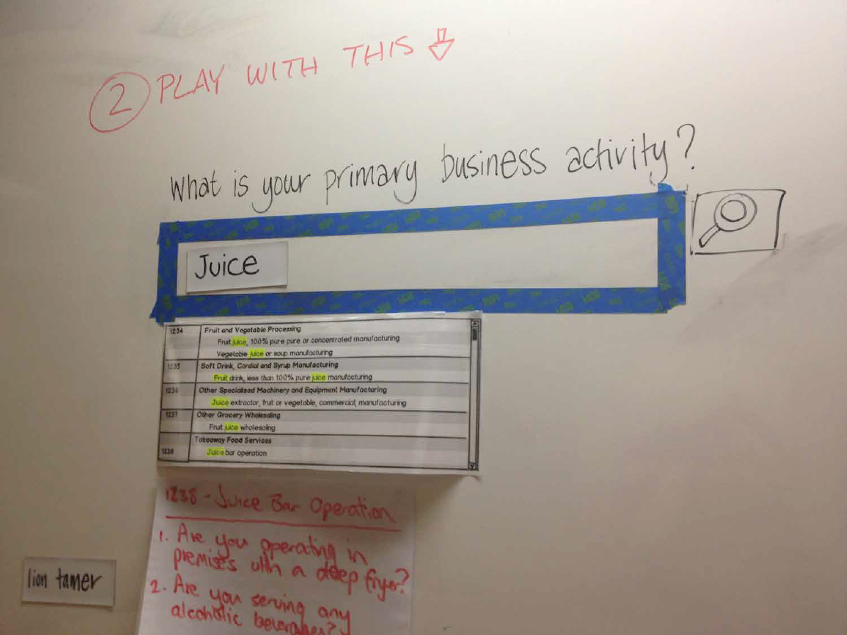 Interactive design wall whiteboard with handwritten search UI and participant annotations