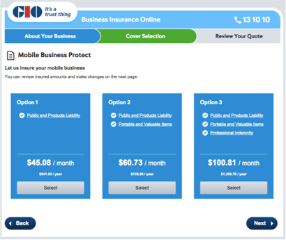 Final GIO Business Insurance Online — Cover Selection desktop with three option panels