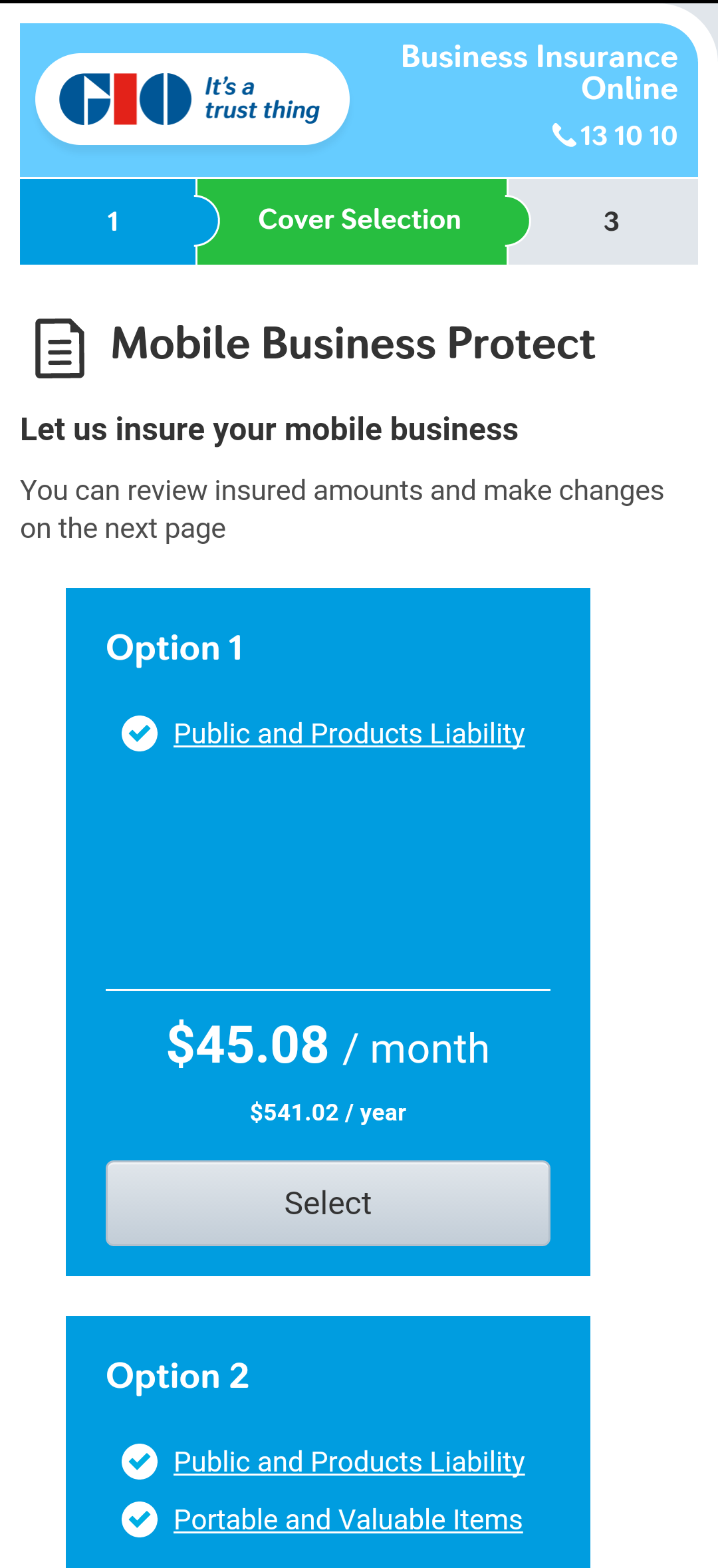 Final GIO Business Insurance Online — Cover Selection mobile stacked view