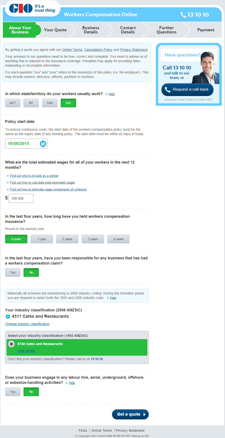 GIO Workers Compensation Online — final product showing the About Your Business step and quote flow