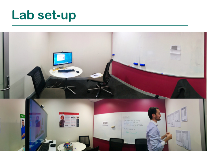 Lab set-up showing observation room with screens and facilitator station