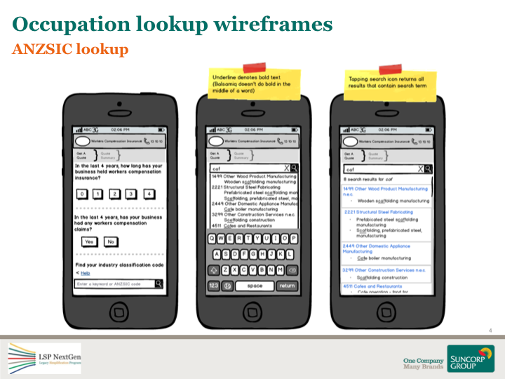 Occupation lookup wireframes for direct — ANZSIC lookup search and results states