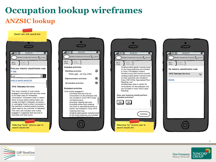 Occupation lookup wireframes for direct — detail view and selection states