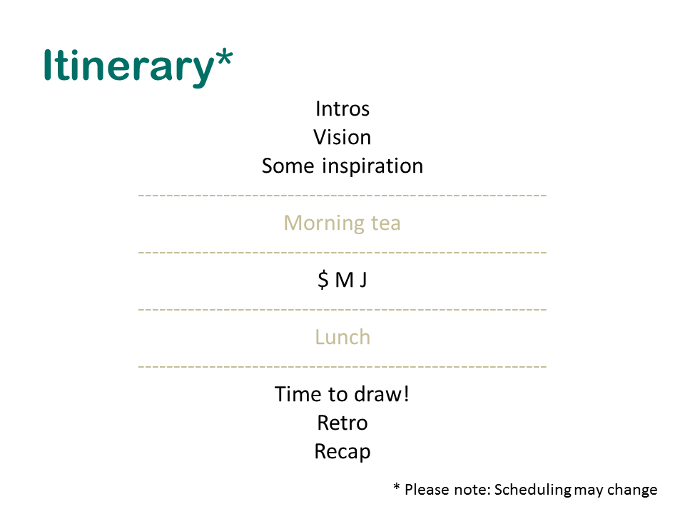 Workshop itinerary slide listing intros, vision, inspiration, $MJ session and sketching exercise