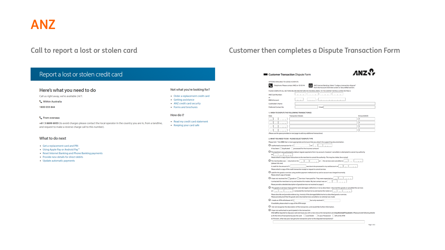 Competitor example ANZ for lost or stolen card journey