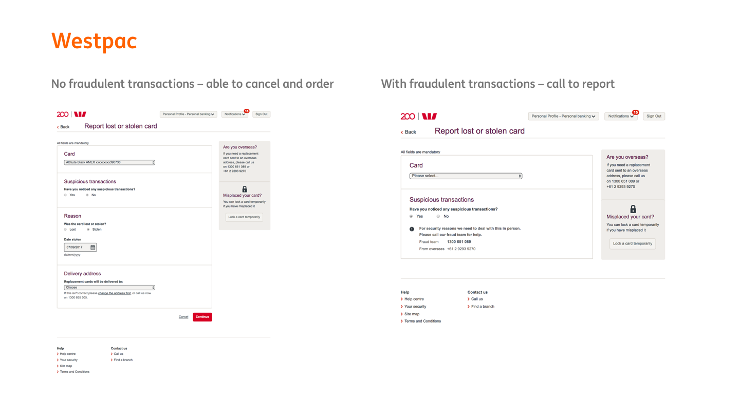 Competitor example Westpac for transaction dispute and card replacement