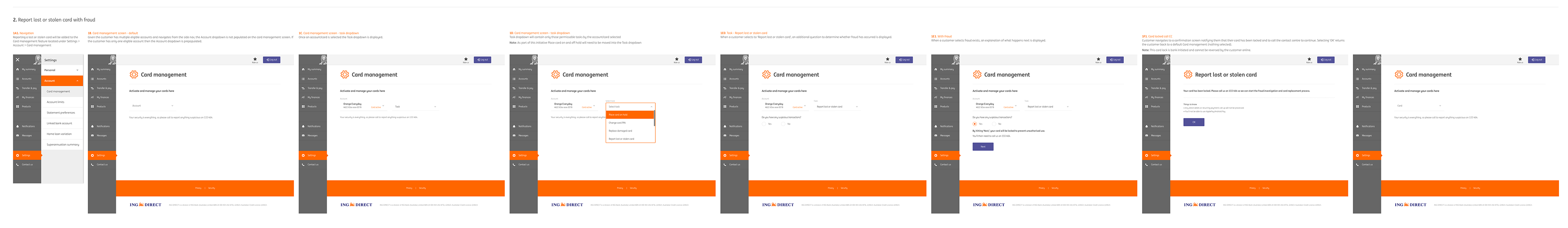 Web and mobile interface flows for report lost or stolen card