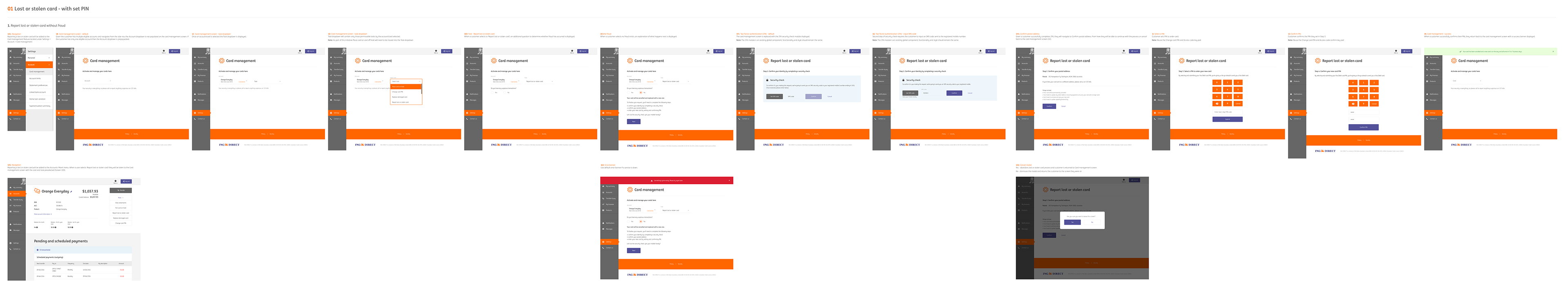 Lost or stolen card journey without fraud scenario UI flow