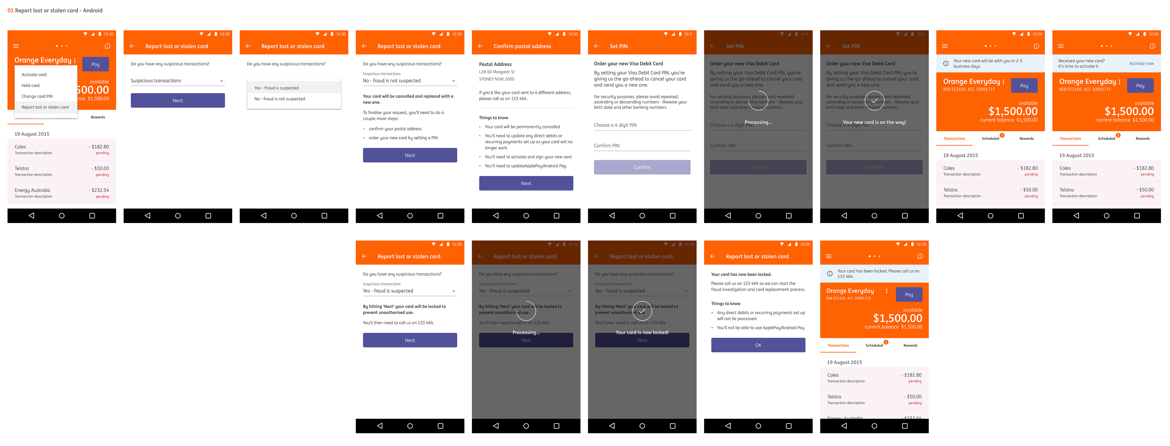 Lost or stolen card journey with fraud scenario UI flow