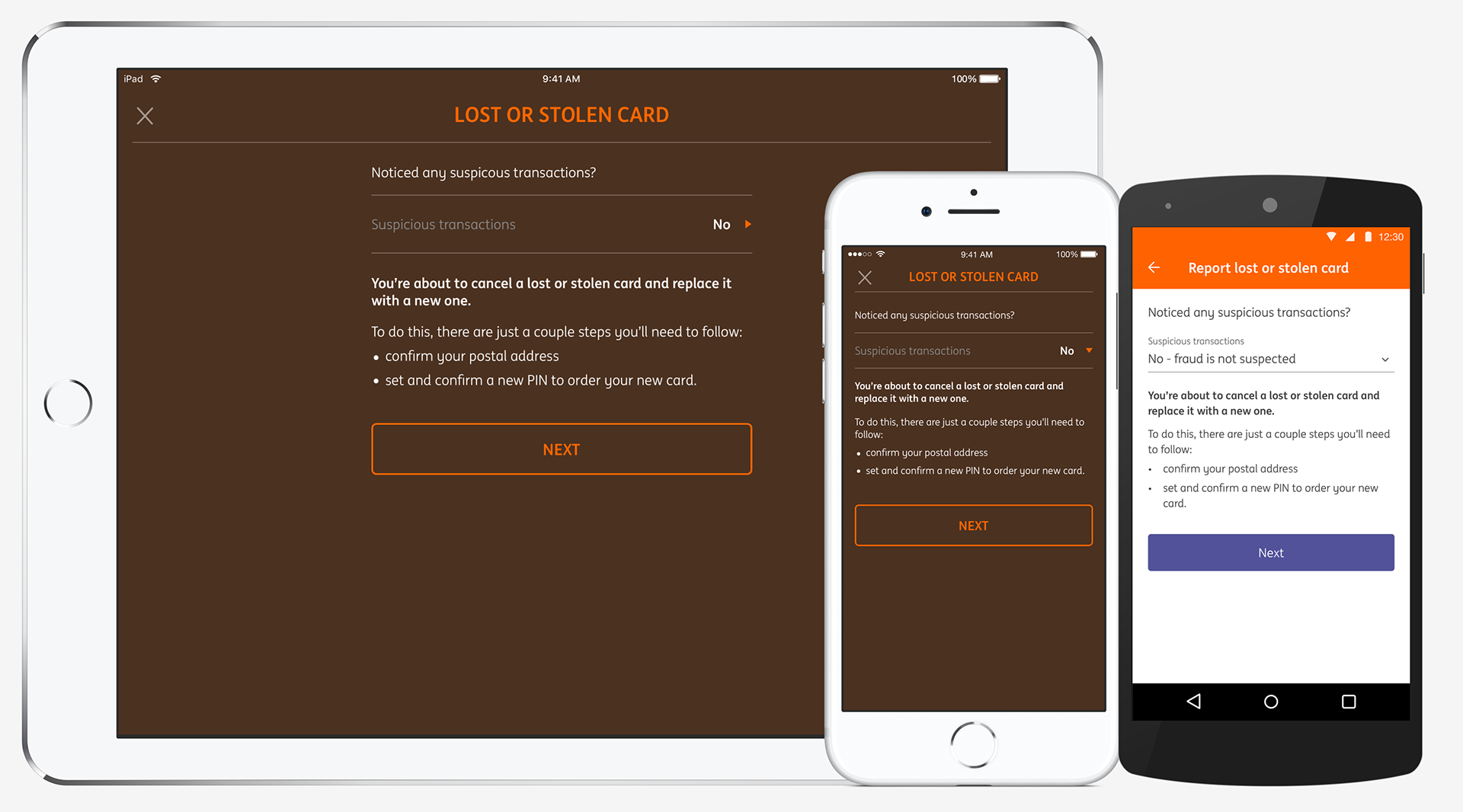 Final composed device mockups for the lost or stolen card experience
