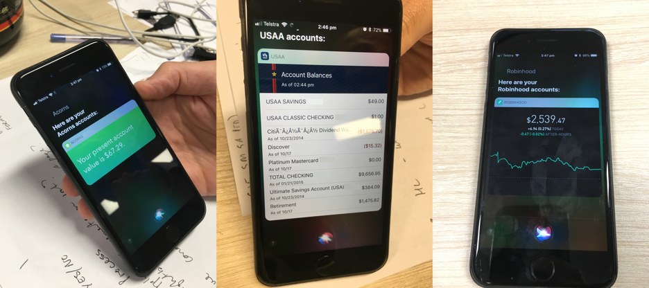 Comparative examples of other apps using Siri for account and finance interactions