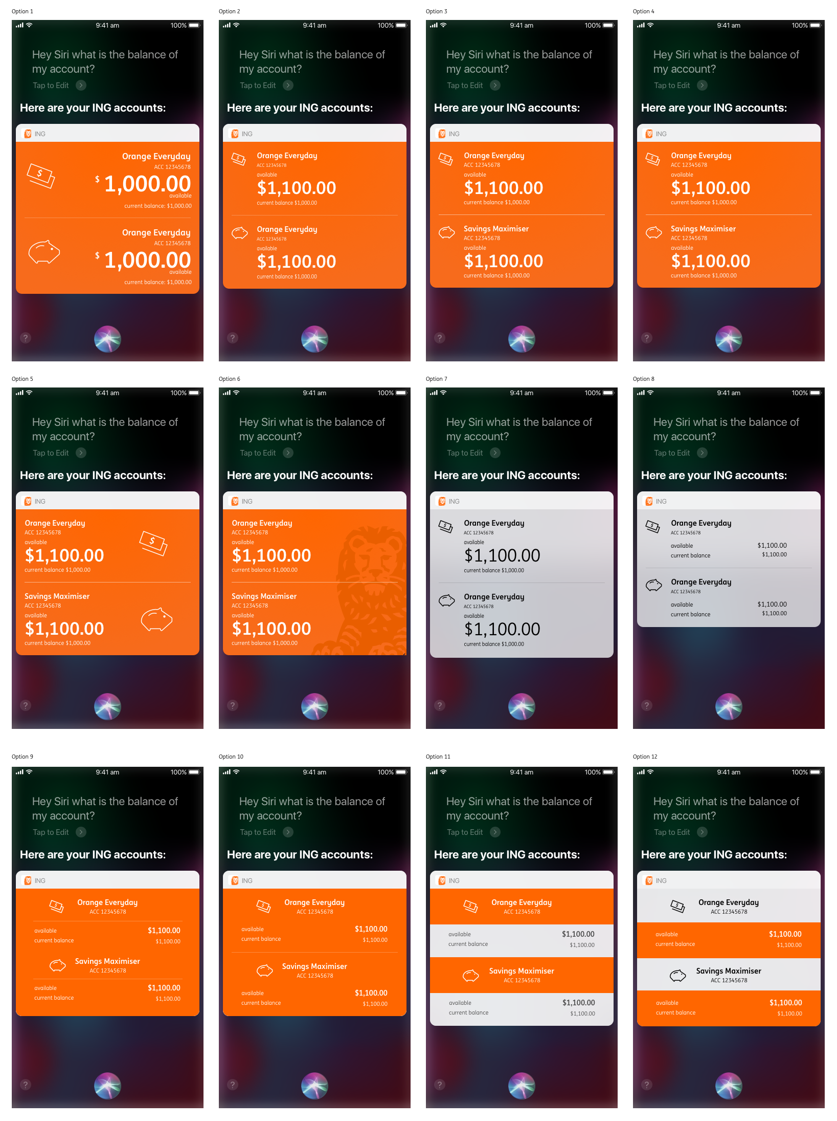 Early Siri balance concept screens exploring visual direction and information hierarchy