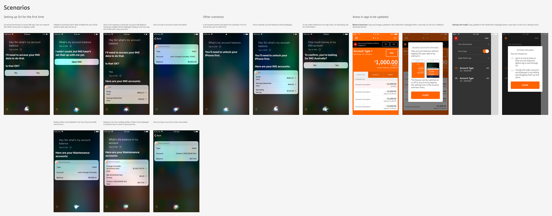 Storyboard-style mapping of Siri banking scenarios and potential app updates